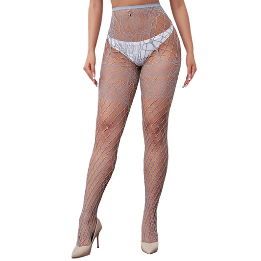 Grey Floral Lace Whale Net Suspender Tights