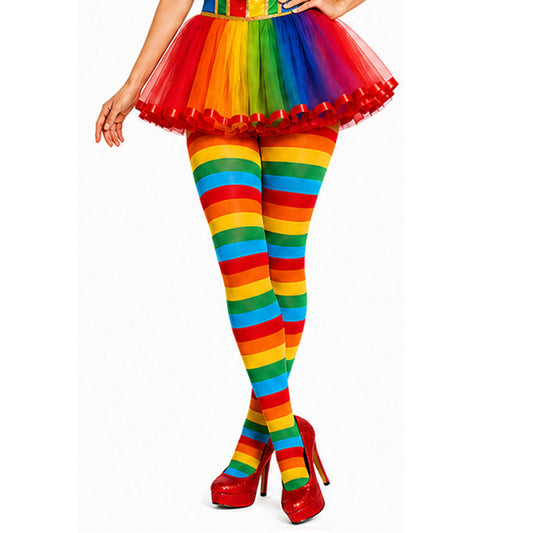 Woman wearing multicoloured striped sheer tights with rainbow pattern