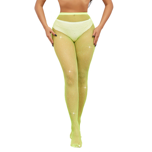 Womens Neon Yellow Fishnet Crystal Tights- Simply Joshimo