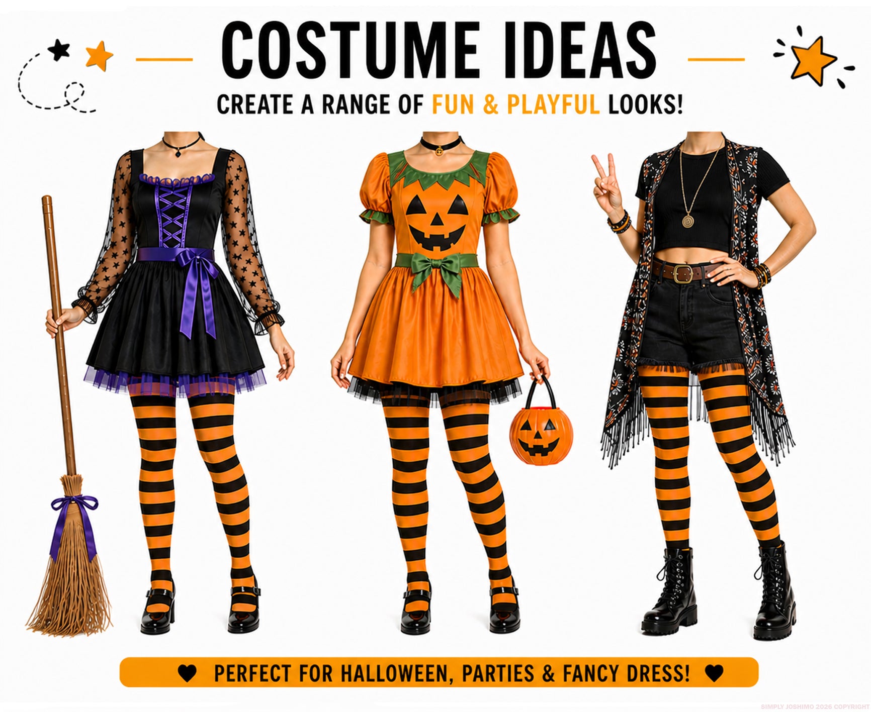 Pumpkin and witch Halloween costumes and festival outfit ideas