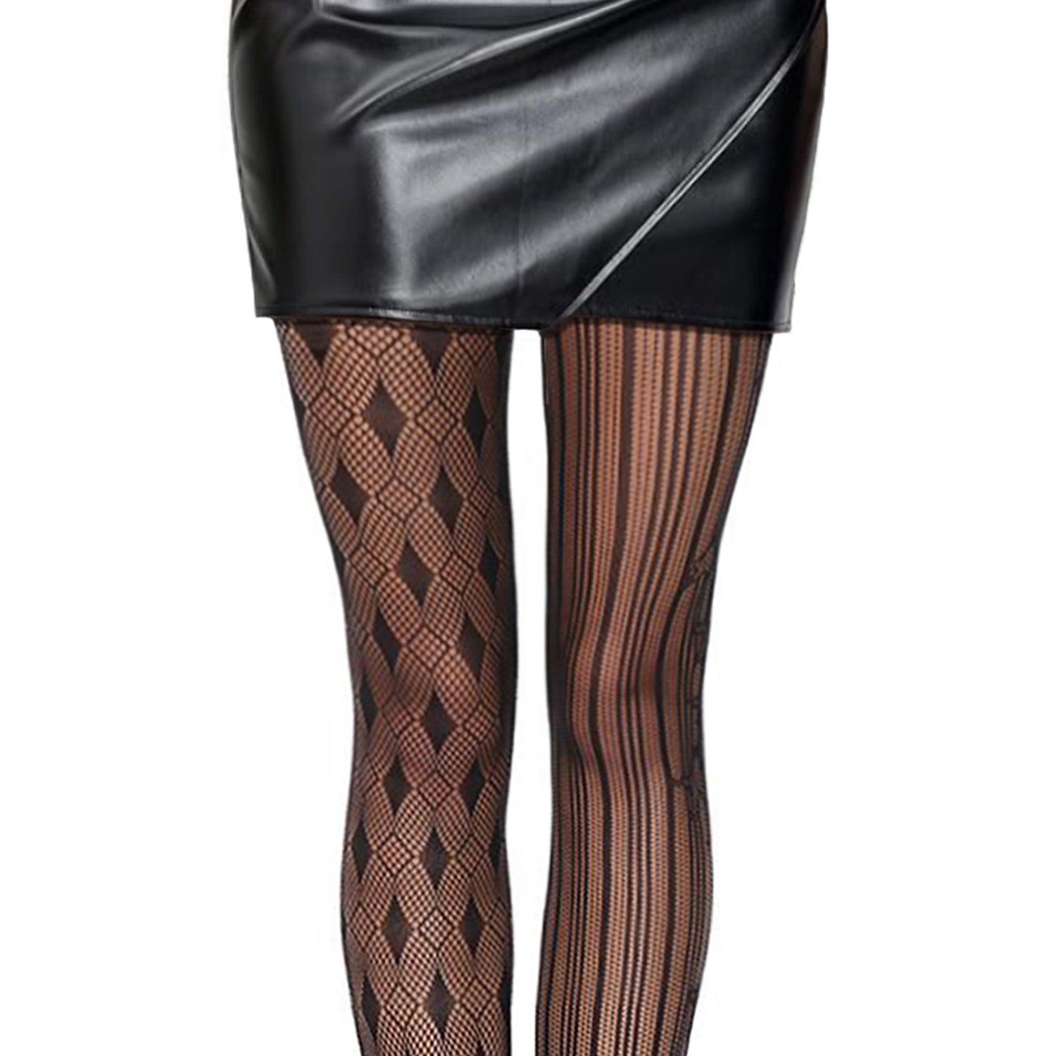 Patterned fishnet mesh tights with faux leather skirt