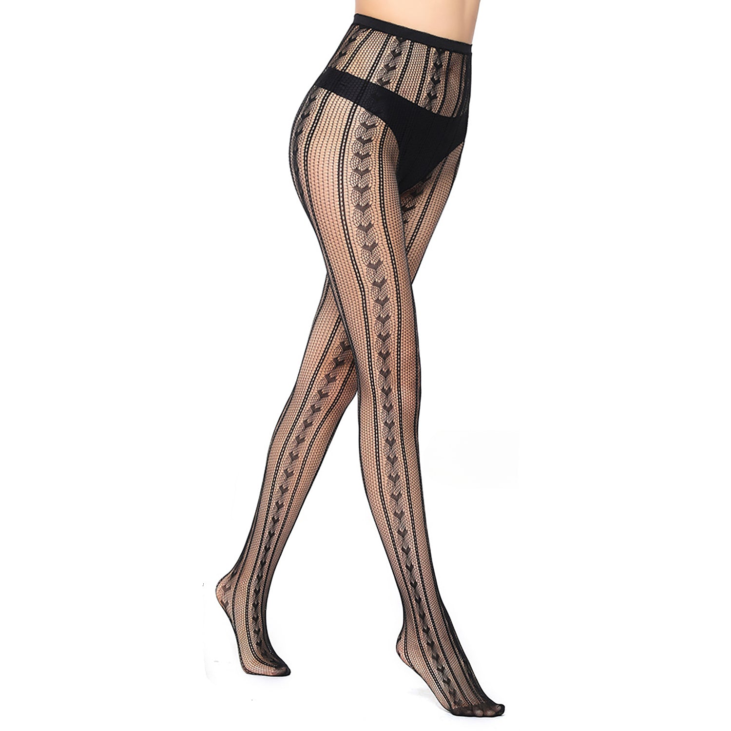 womens black heart lace pattern fishnet tights with a comfortable waist