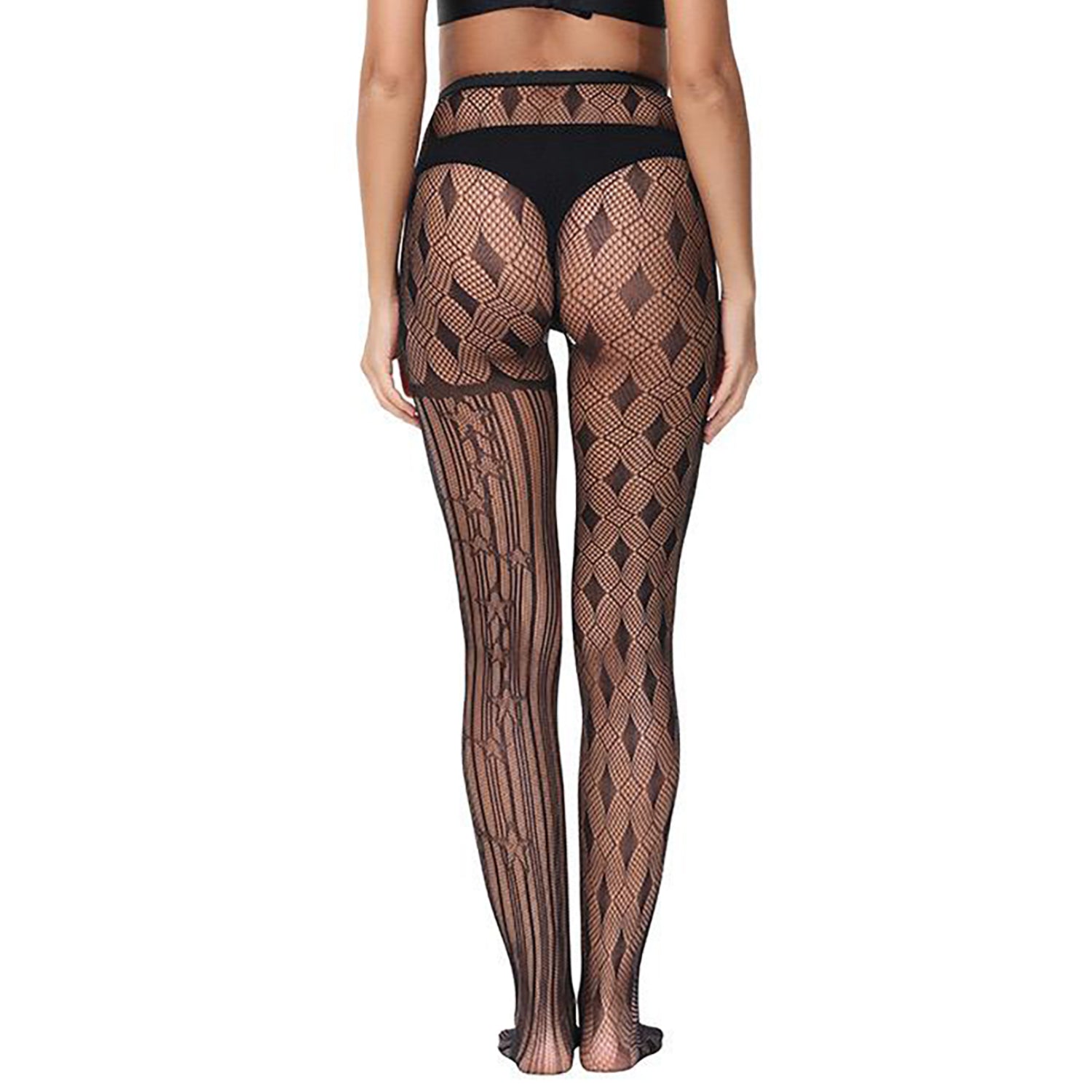 Diamond and striped print black net tights