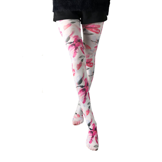 Pink And White Flowers & Petals Print Sheer Tights - Simply Joshimo