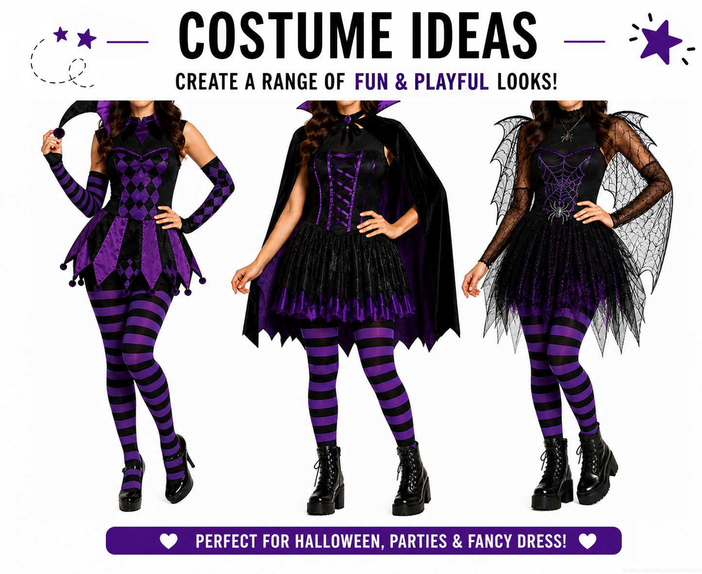 Purple and black striped tights worn for Halloween and festival costumes