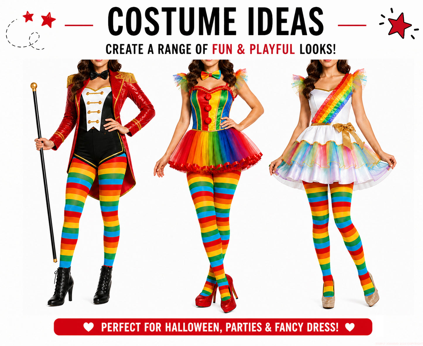 Three people in colourful festival and fancy dress costumes with rainbow striped tights