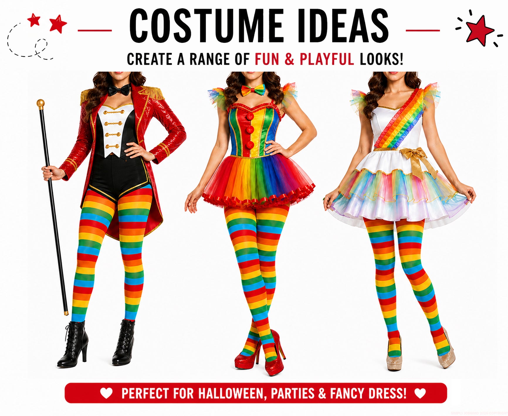 Three people in colourful festival and fancy dress costumes with rainbow striped tights