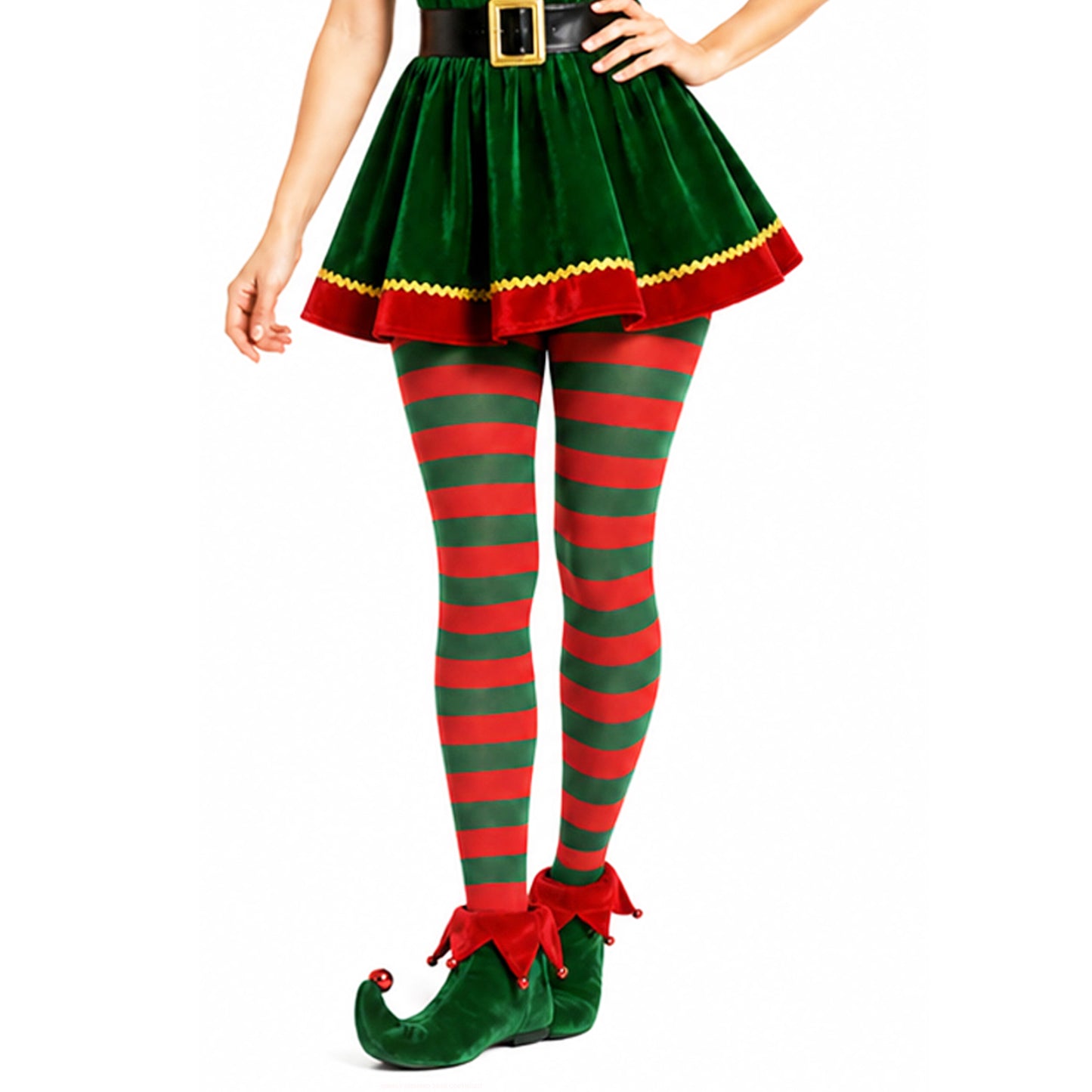 Woman wearing red and green striped tights in an elf costume