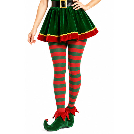 Woman wearing red and green striped tights in an elf costume