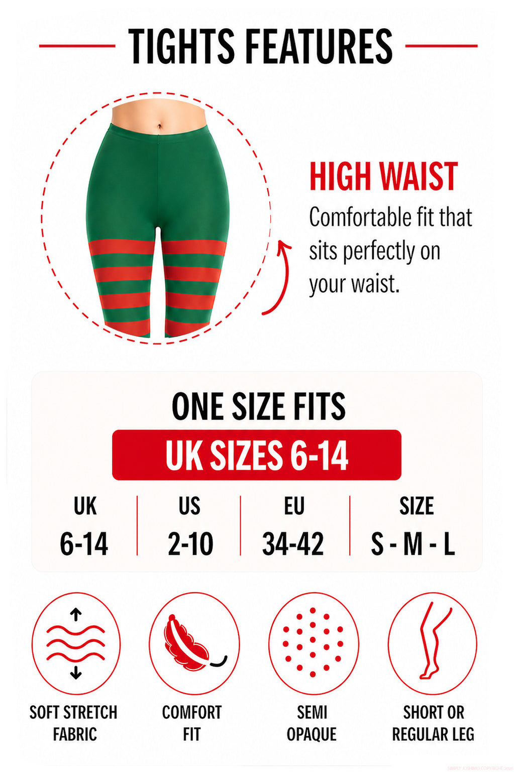 Xmas tights in red and green feature a high waist, soft fabric and size 6-14