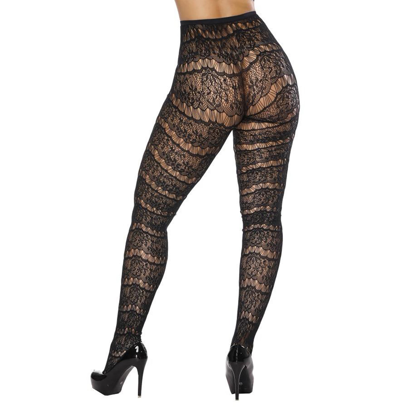 Women's fashion tights made from black lace and with a striped pattern