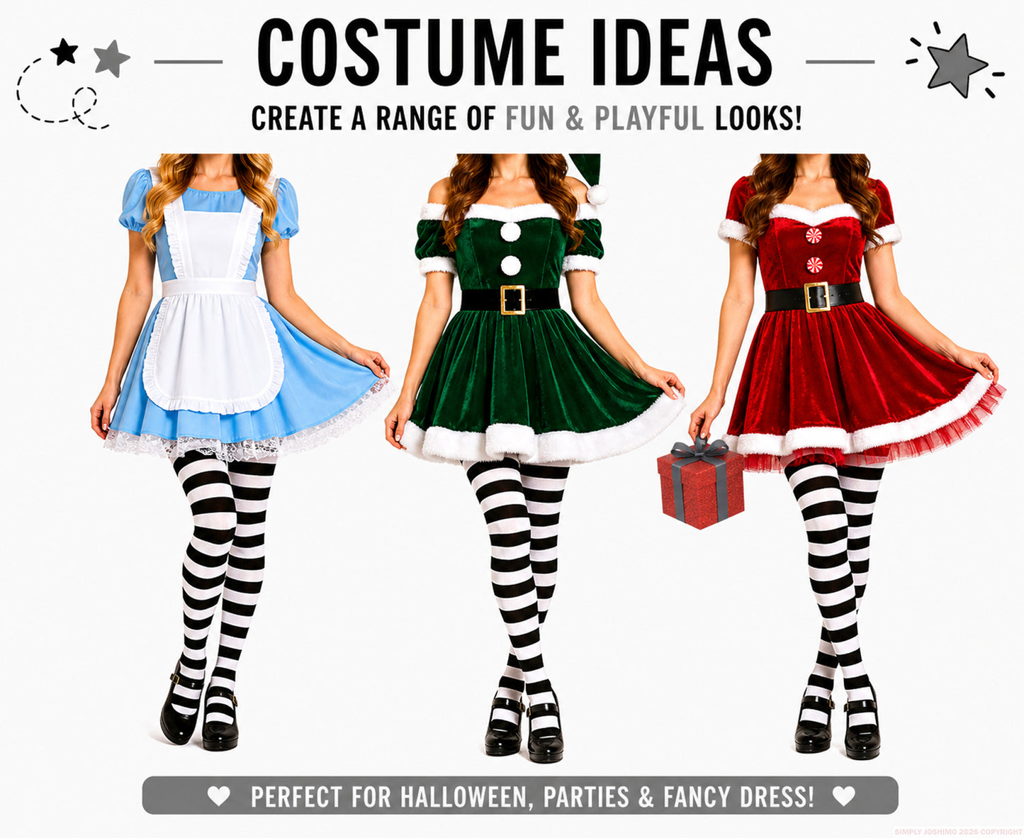 Three people in colourful costumes with striped tights; Alice in Wonderland, Santa and Christmas