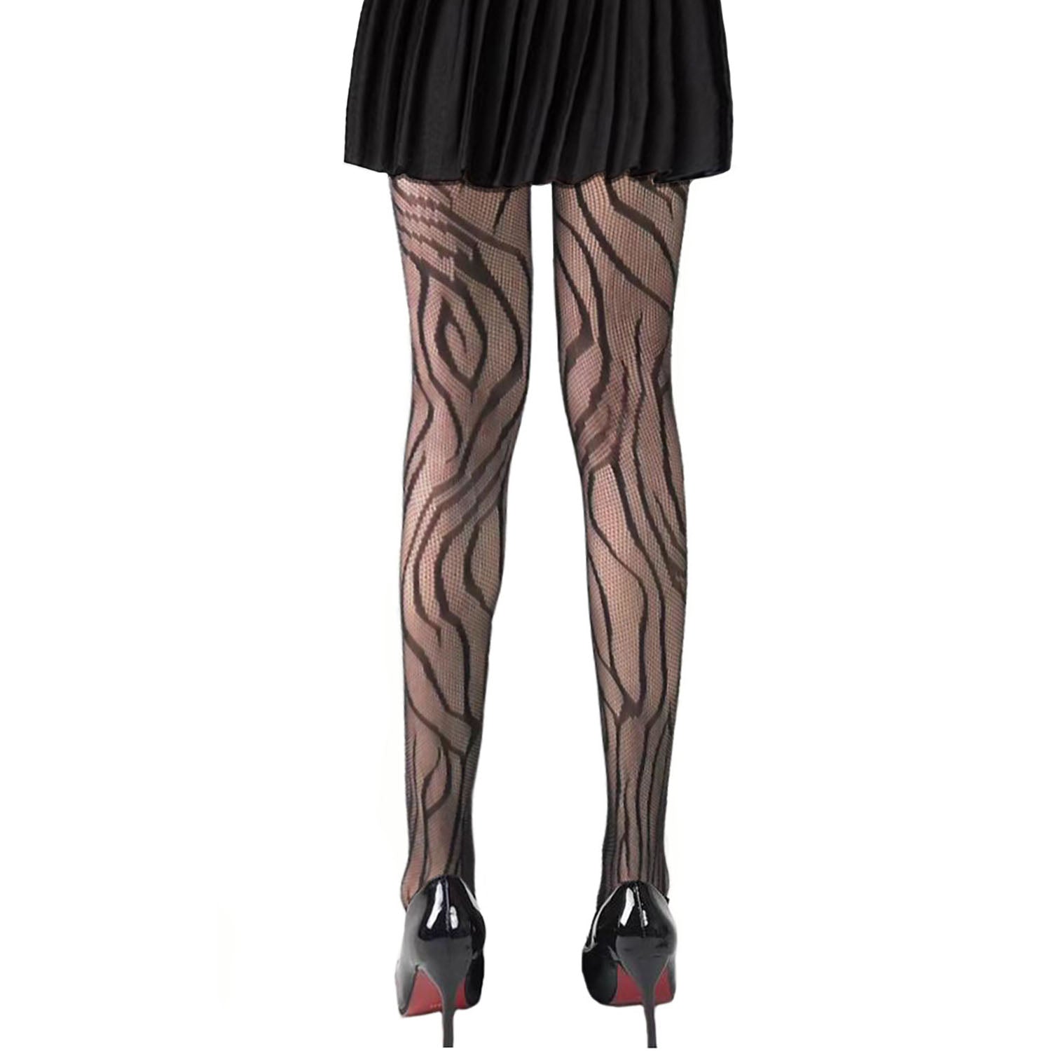 Zebra print tights with lace and fishnet in black