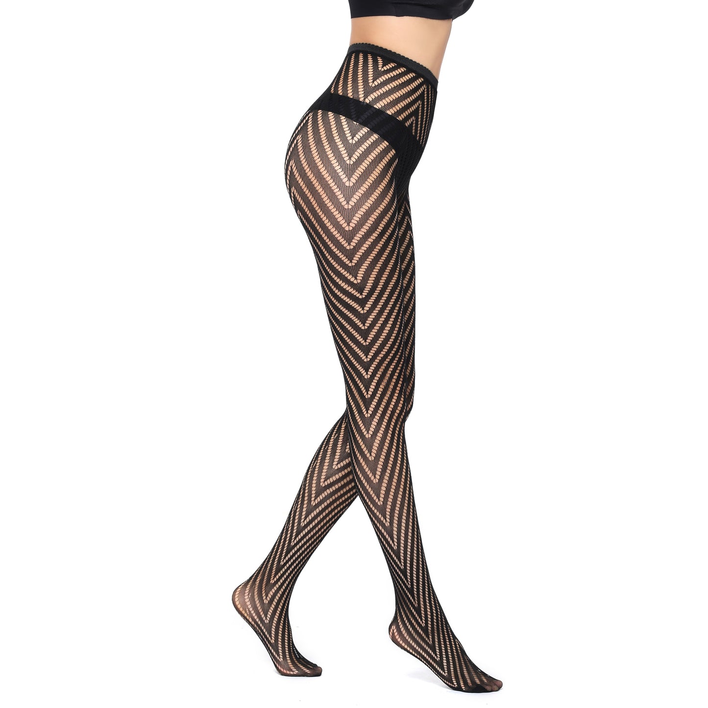 Ladies lace fashion tights featuring a medium net and striped design