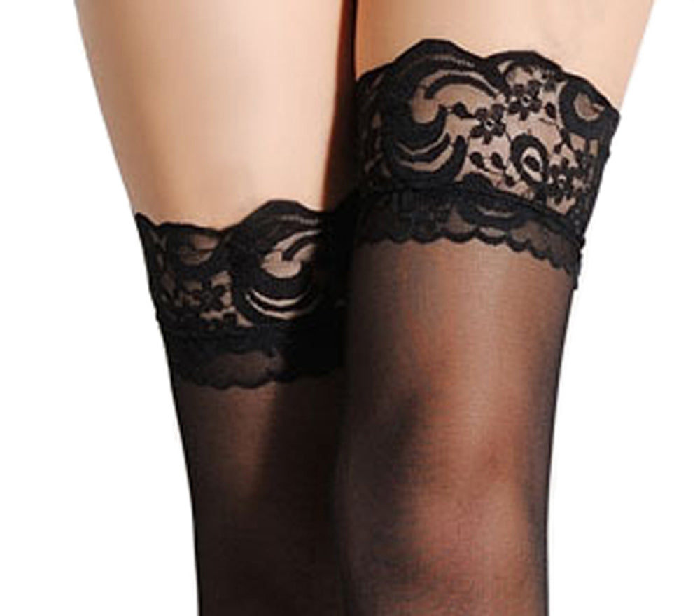 Denier Ultra-Sheer Black Lace Top Stocking- Simply Joshimo