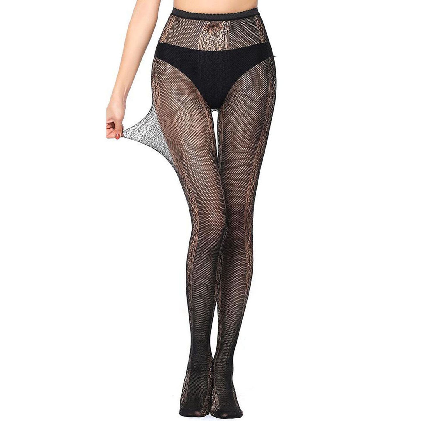 Women's small net tights in black with lace detail to each seam