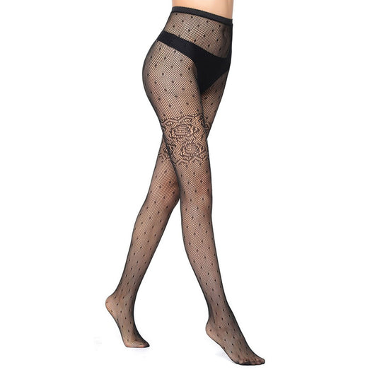 Women's black mesh tights with a polka dot and flower lace pattern